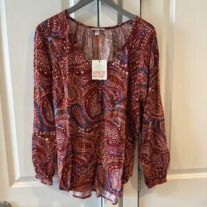 KNOX ROSE -NWT- Long Sleeve Tunic Top Red Paisley Peasant Boho Blouse | M